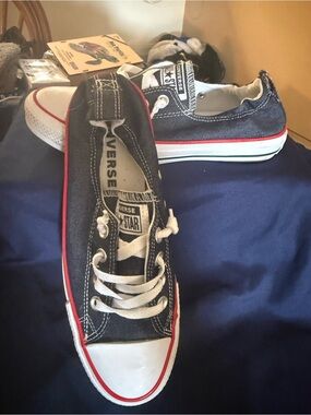 Converse Blue Jean Canvas Low-Top Sneakers with White Laces and Red Stripe